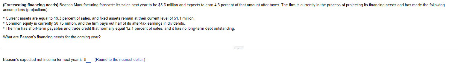  (Forecasting financing needs) Beason Manufacturing forecasts its sales next year to