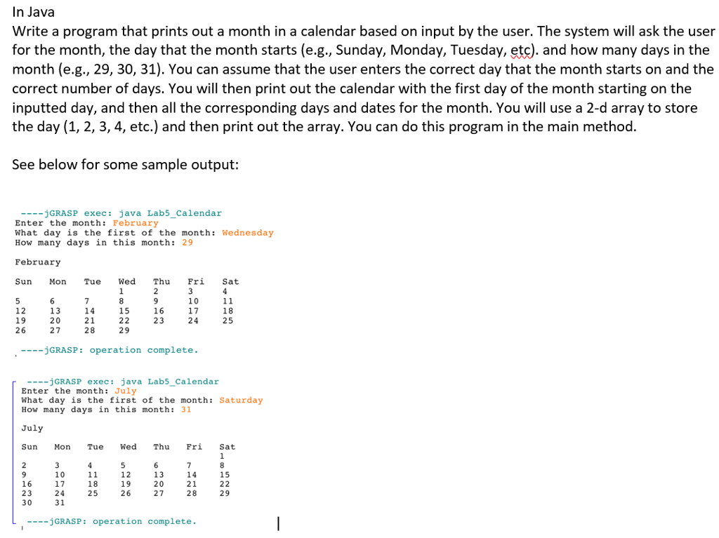  In Java Write a program that prints out a month in