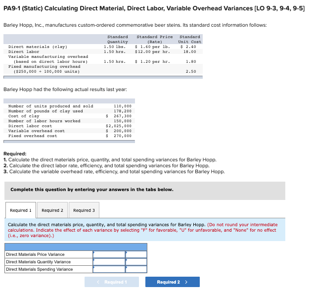 PA9-1 (Static) Calculating Direct Material, Direct Labor, Variable Overhead Variances [LO