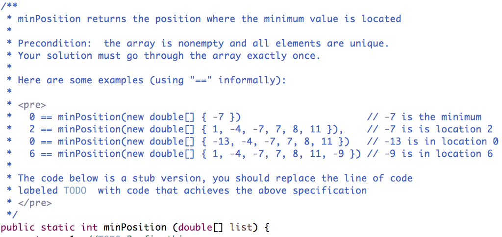 In java please * minPosition returns the position where the minimum value