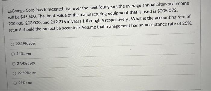  LaGrange Corp. has forecasted that over the next four years the