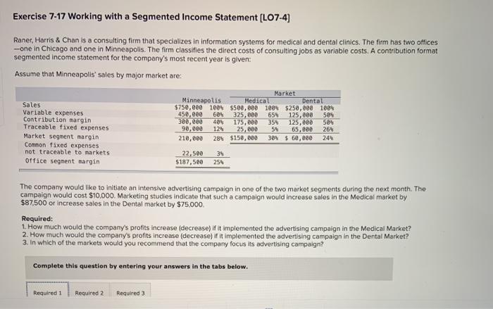  Exercise 7-17 Working with a Segmented Income Statement (L07-4) Raner, Harris