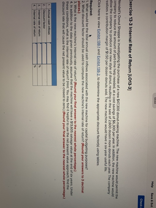 A) Saved Help Save & Exit Check Exercise 13-3 Internal Rate of