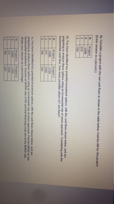  a). Consider a project with the net cash flows as shown