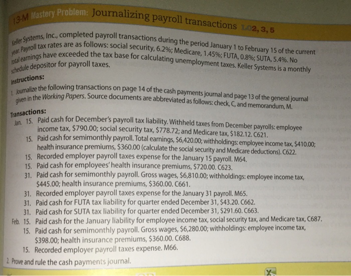  ournalizing payroll transactions M Master Problem Payroll Inc completed payroll transactions
