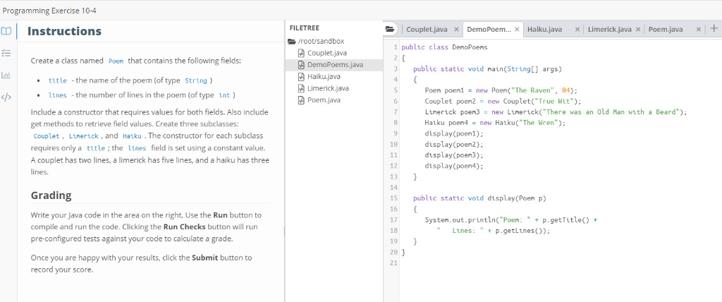 I need help with a Java assignment: Create a class named Poem