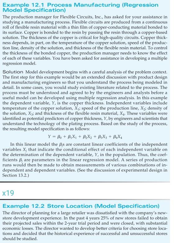  Example 12.1 Process Manufacturing (Regression Model Specification) The production manager for