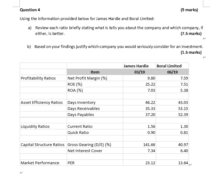 Question 4 (9 marks) Using the information provided below for James