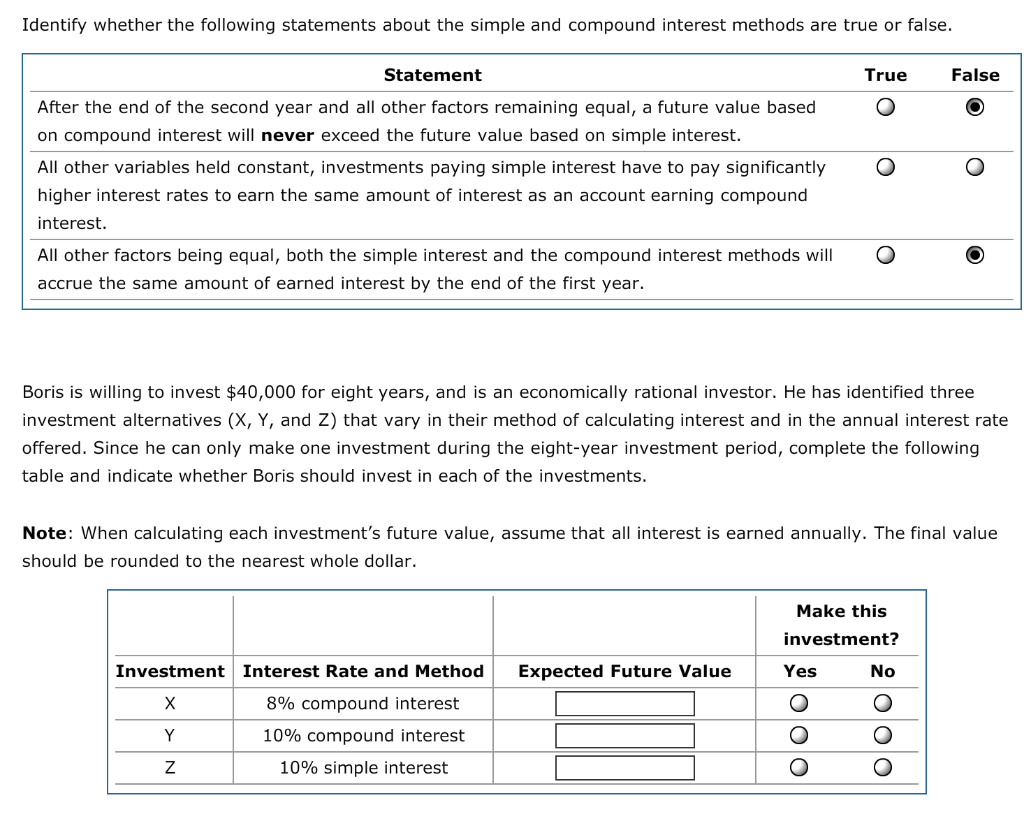 Identify whether the following statements about the simple and compound interest