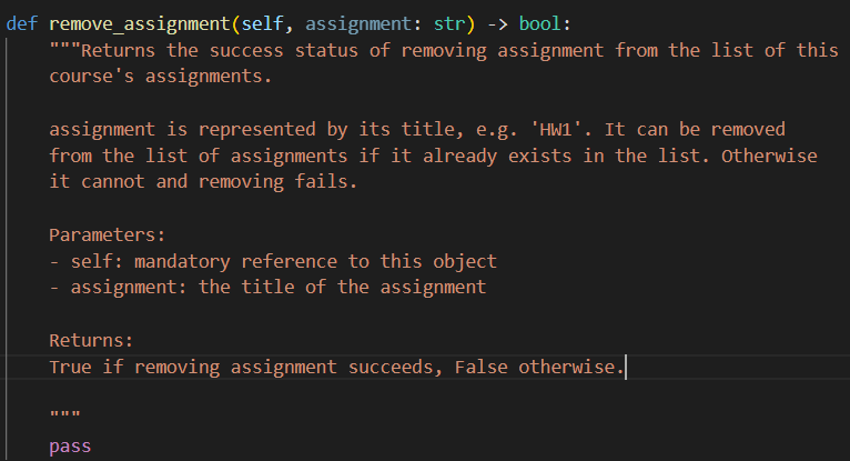 need python code for this the class Hef remove_assignment(self, assignment: str) bool: