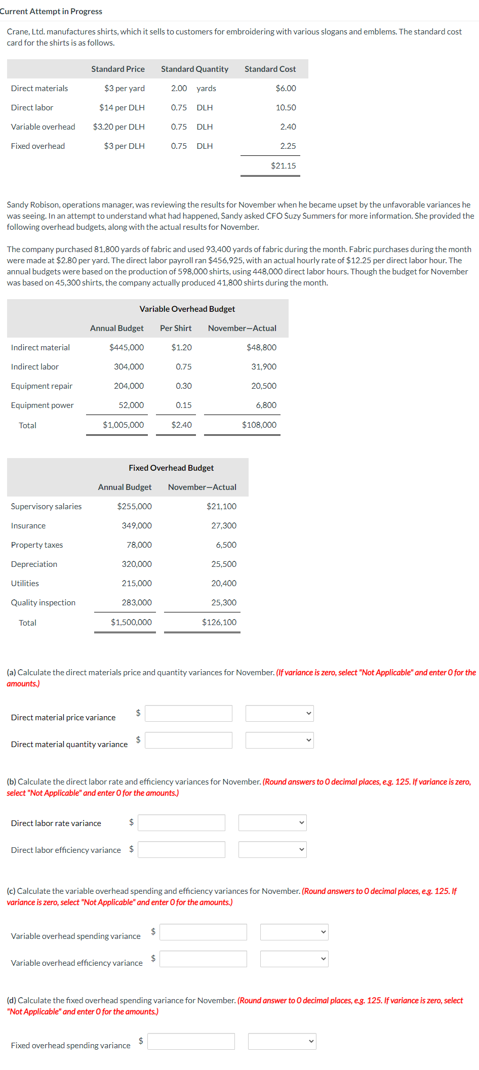 Current Attempt in Progress Crane, Ltd. manufactures shirts, which it sells