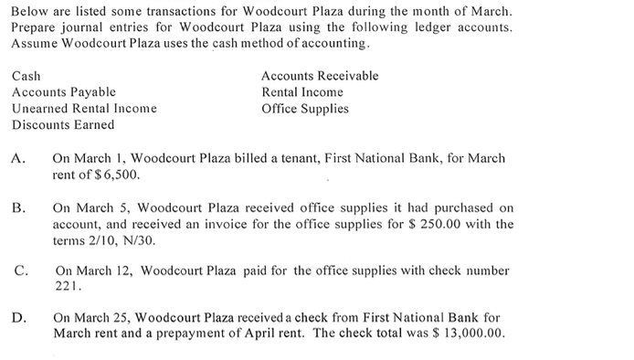Please answer all parts Below are listed some transactions for Woodcourt