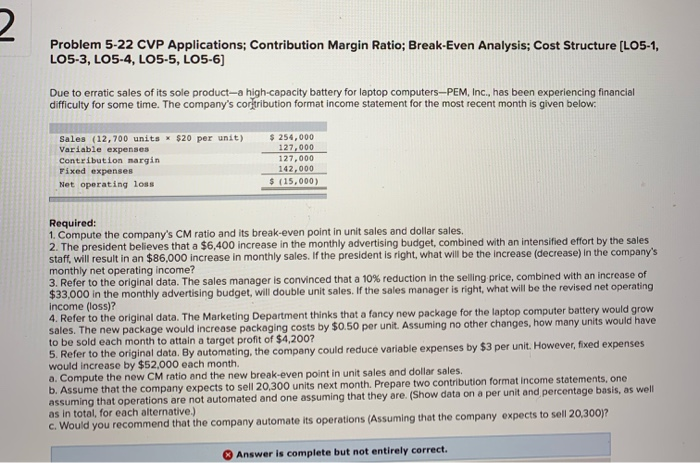  Problem 5-22 CVP Applications; Contribution Margin Ratio; Break-Even Analysis; Cost Structure