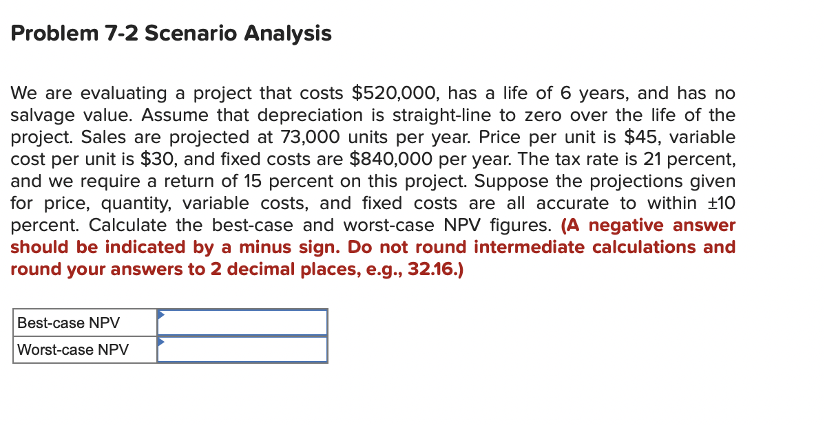  Problem 7-2 Scenario Analysis We are evaluating a project that costs