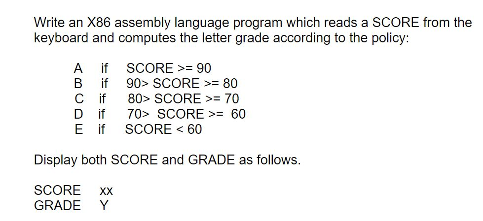  Write an X86 assembly language program which reads a SCORE from