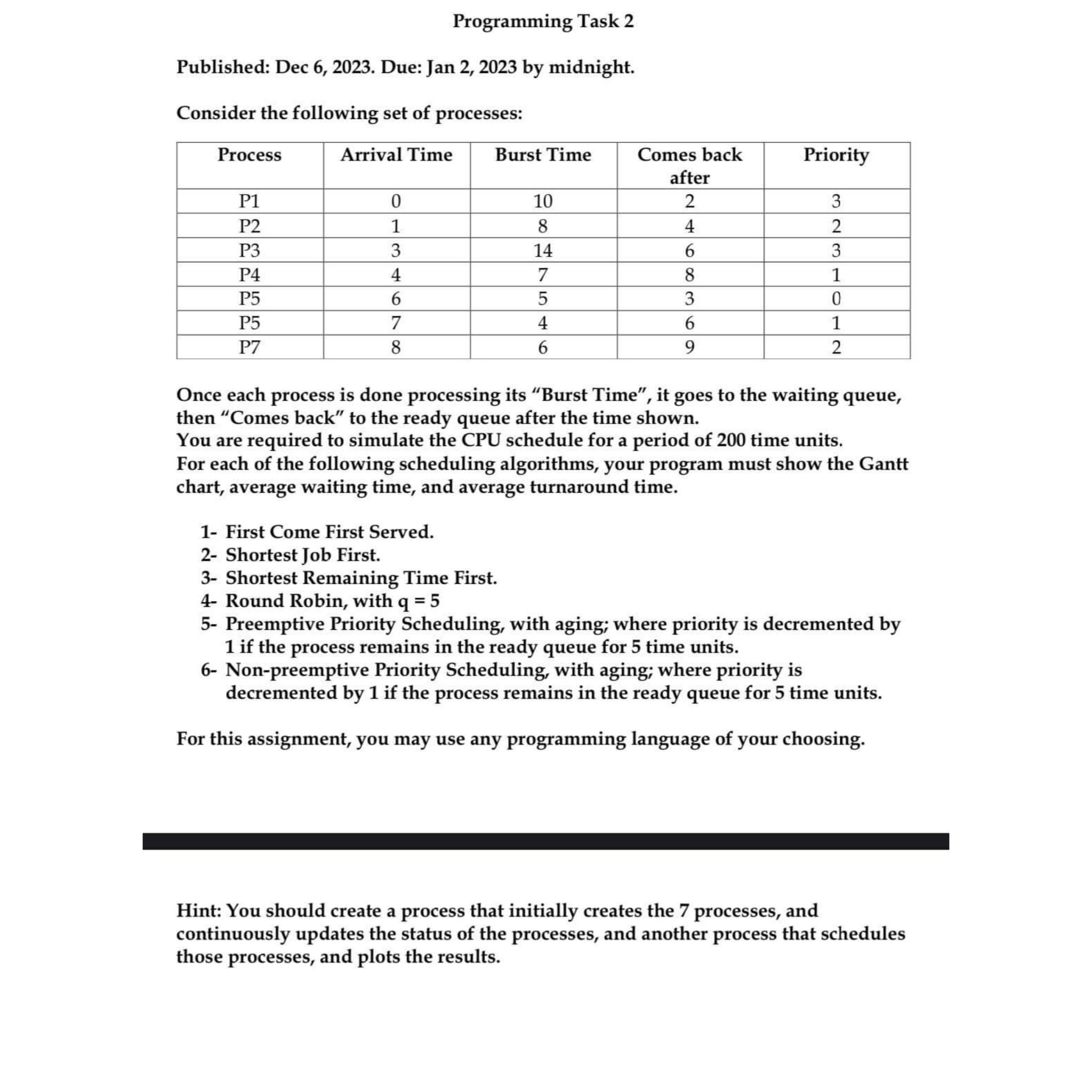  Write a c program Programming Task 2 Published: Dec 6,2023. Due: