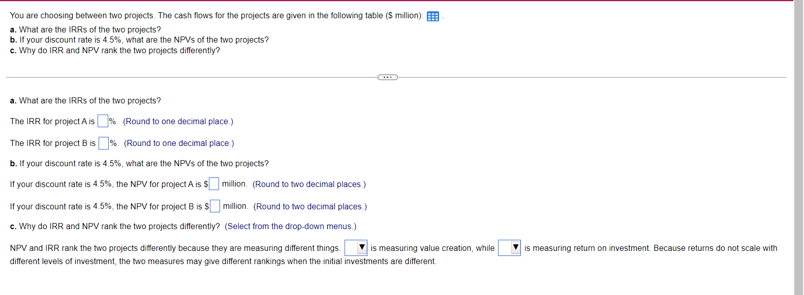 You are choosing between two projects. The cash flows for the