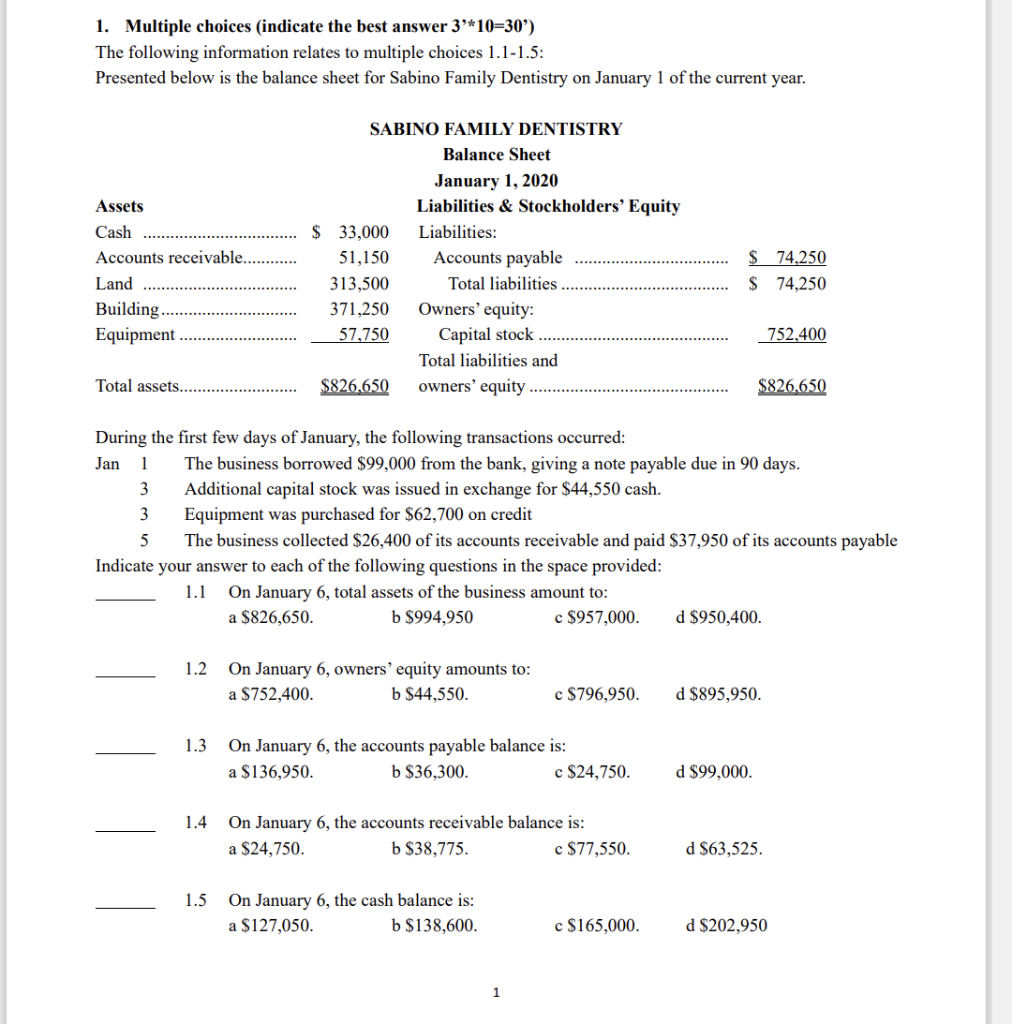 1. Multiple choices (indicate the best answer 310=30 ) The following