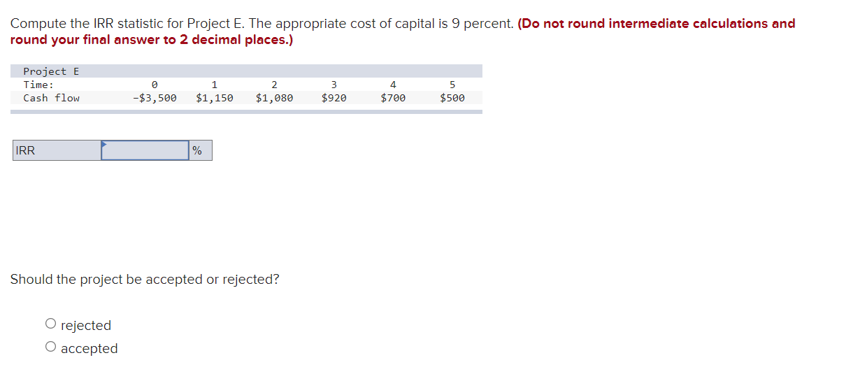  Compute the NPV statistic for Project U if the appropriate cost