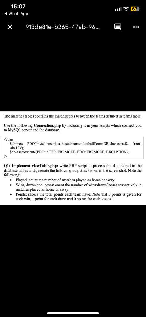 as follows: Table 1: teams Table 2: matches 15:10 4 WhatsApp WhatsApp