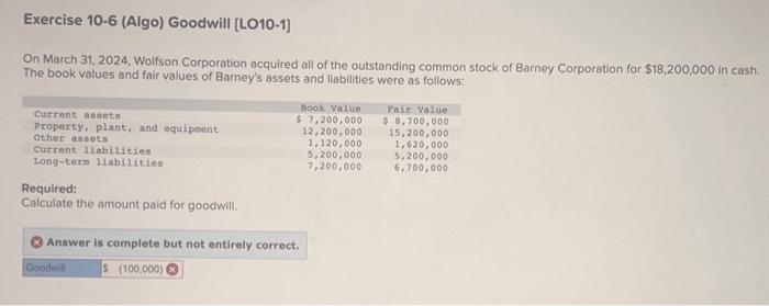 Can I get help please Exercise 10-6 (Algo) Goodwill [LO10-1] On March