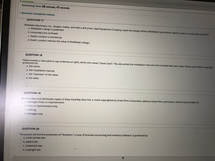  Remaining Time: 28 minutes, 47 seconds. Question Completion Status QUESTION 17