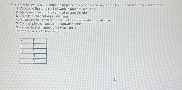  1. Place the following steps required to prepare a process costing