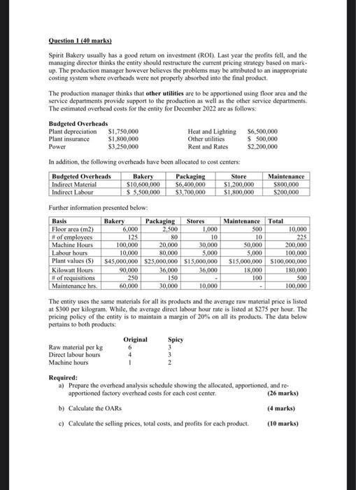 Can you answer this for me please? Question 1 (40 marks) Spirit
