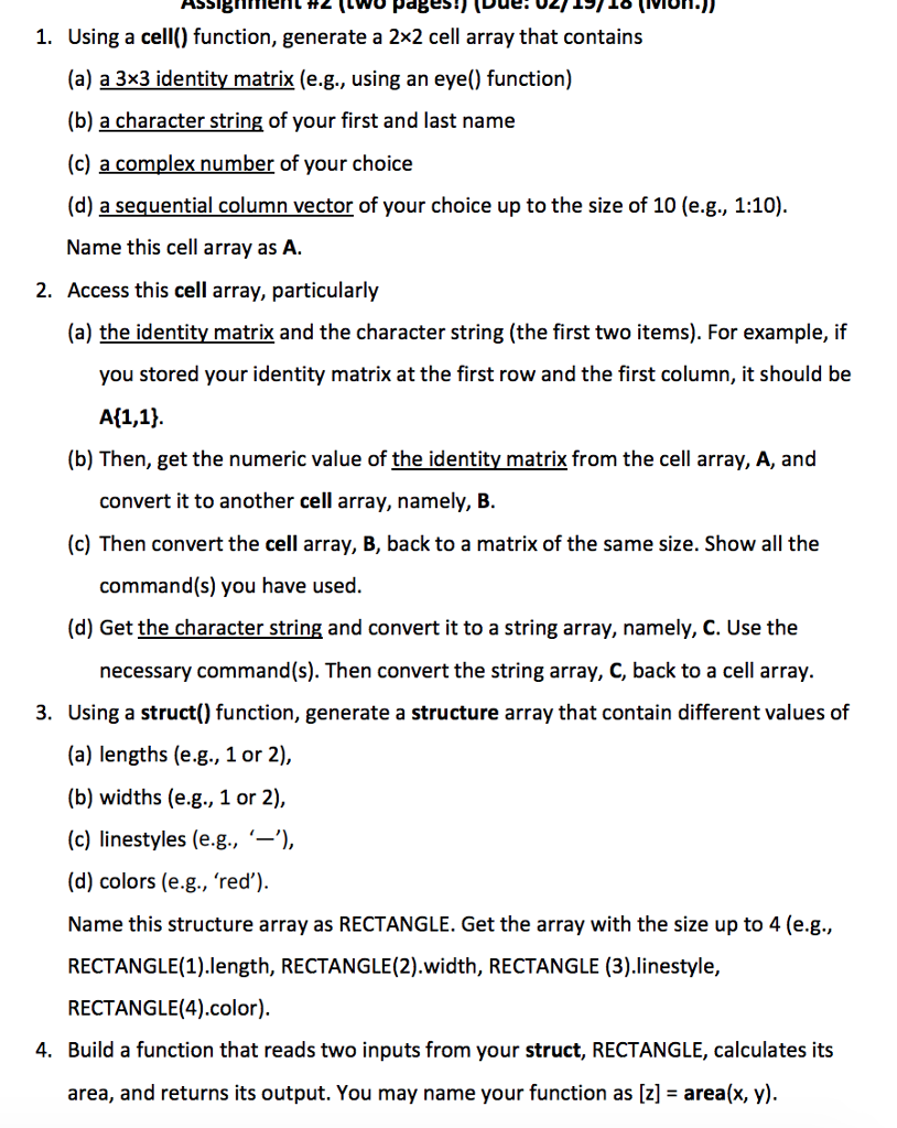  1. Using a cell() function, generate a 2x2 cell array that