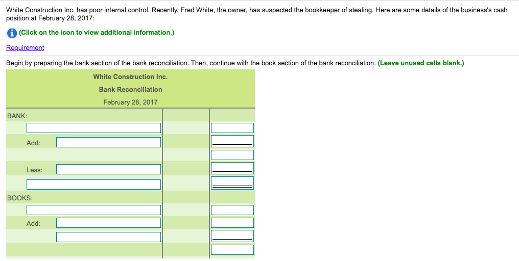 White Construction Inc. has poor internal control. Recently, Fred White, the