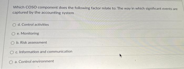  Which COSO component does the following factor relate to: The way
