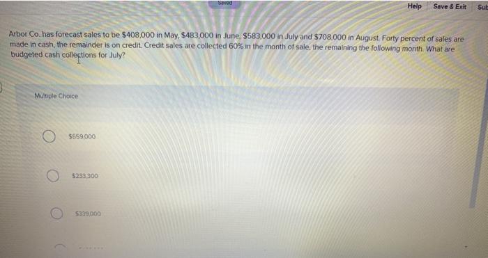  saved Help Save & Exit Sut Arbor Co. has forecast sales