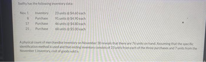 solve using given information Swifty has the following inventory data: Nov. 1