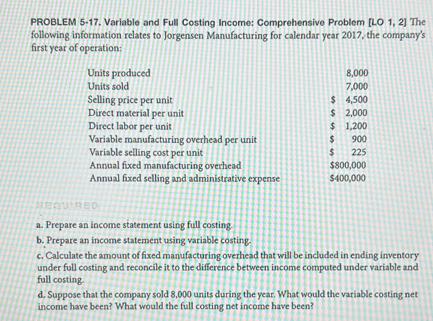  PROBLEM 5-17. Variable and Full Costing Income: Comprehensive Problem [LO 1,2]