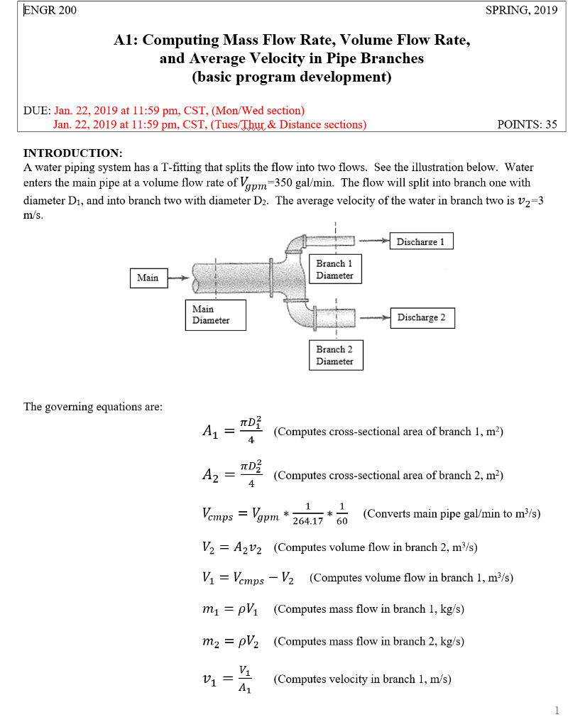 the diameter of branch 2, and the average velocity of branch 2.