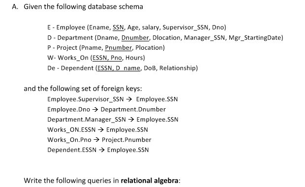 A. Given the following database schema E Employee (Ename, SSN, Age,