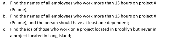 salary, Supervisor_SSN, Dno) D Department (Dname, Dnumber, Dlocation, Manager_SSN, MgrStartingDate) P- Project