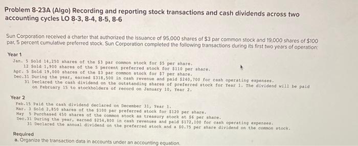 Help please!! Problem 8-23A (Algo) Recording and reporting stock transactions and cash