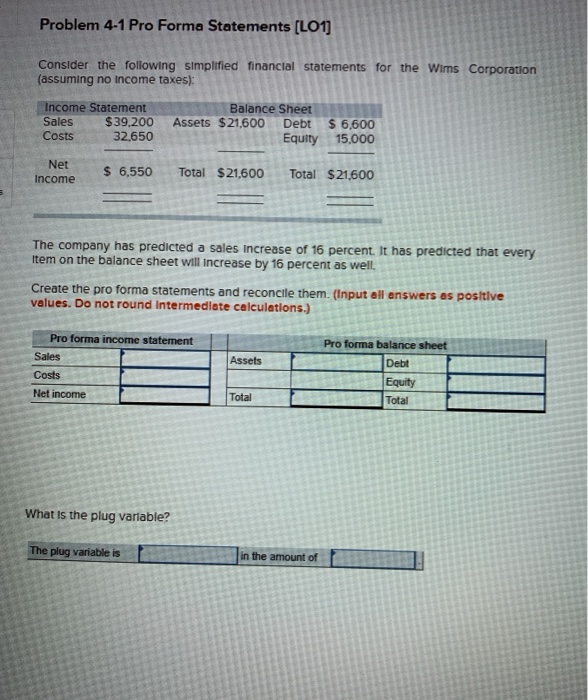  Problem 4-1 Pro Forma Statements [LO1] Consider the following simplified financial