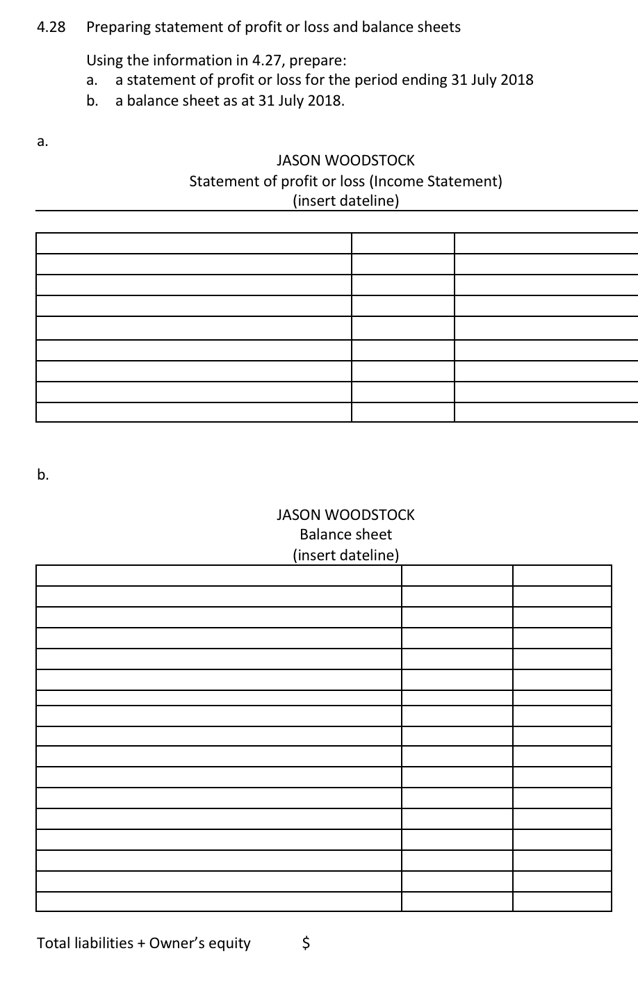 below for Jason Woodstock in accounting equation form as at 30 June