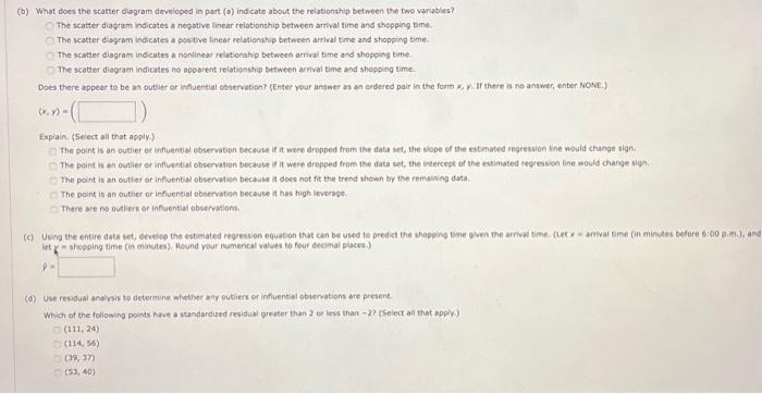 arrival time (measured in minutes before 6pm ) and the shepping time