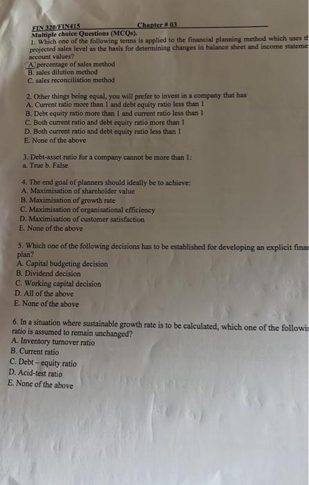 FIN 320/FIN415 Multiple choice Questions (MCQs). Chapter #03 1. Which one of