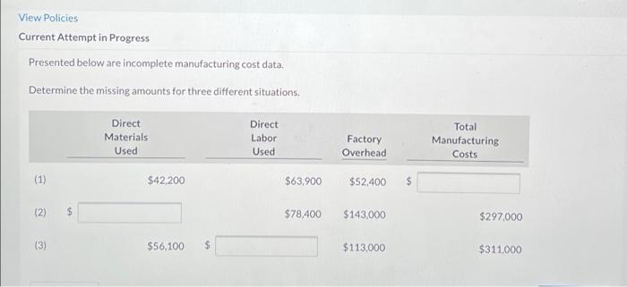  View Policies Current Attempt in Progress Presented below are incomplete manufacturing