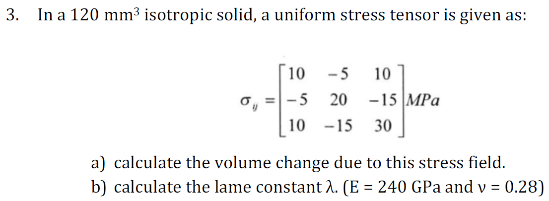  In a 120mm3 isotropic solid, a uniform stress tensor is given
