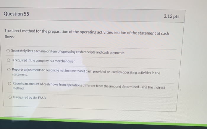  Question 55 3.12 pts The direct method for the preparation of