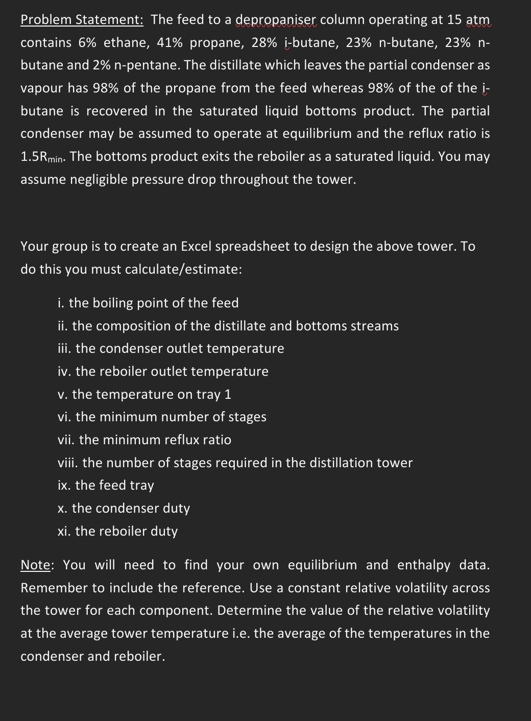  Problem Statement: The feed to a depropaniser column operating at 15atm