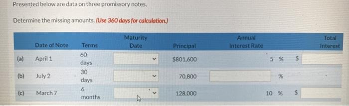  Presented below are data on three promissory notes. Determine the missing