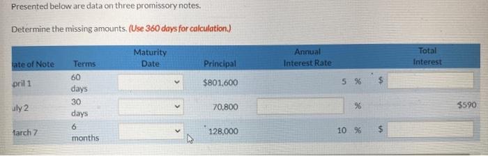 amounts. (Use 360 days for calculation.) Maturity Date Annual Interest Rate Total
