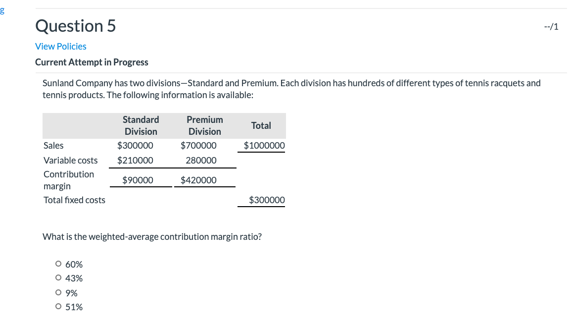 8 Question 5 --/1 View Policies Current Attempt in Progress Sunland