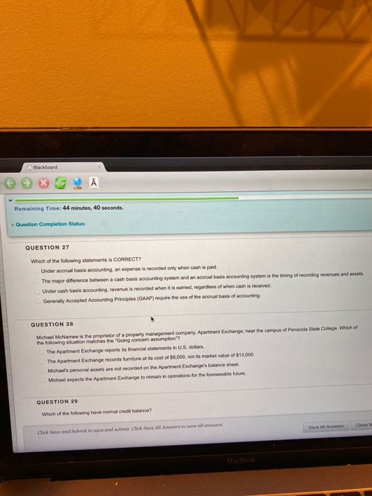  Blackboard A Remaining Time: 44 minutes, 40 seconds. Question Completion Status: